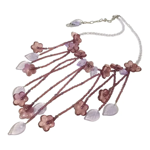 NWT purple lavender flower fringe choker necklace Czech bead - Picture 3 of 9